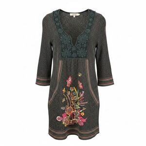 Aryeh Womens XL Charcoal Grey Floral Embroidered Crochet Lace Knit Tunic Dress